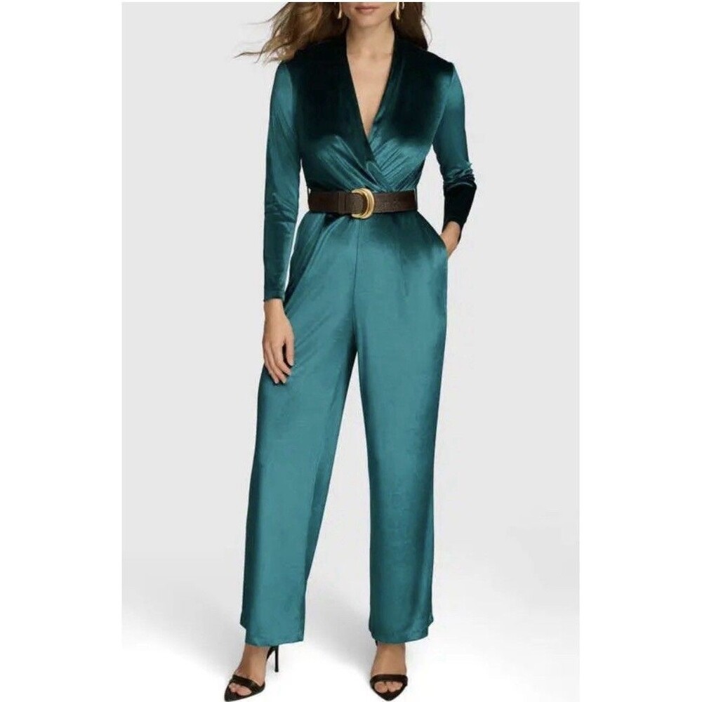 Donna Karan New York Women's Green Belted Velvet Jumpsuit Size 16 - Picture 5 of 13